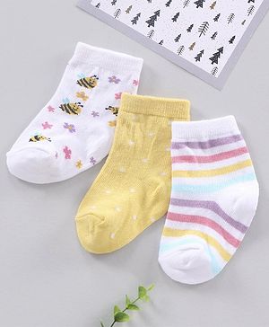 Cutewalk By Babyhug Anti Bacterial Ankle Length Floral Print Socks Pack Of 3 - Yellow