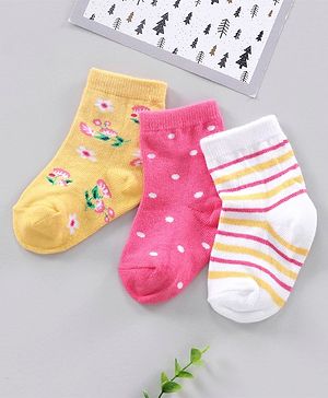 Cute Walk by Babyhug Ankle Length Anti-Bacterial Socks Multi Pattern Pack Of 3 - Multicolor