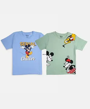 Nap Chief Pack Of 2 Half Sleeves Mickey Minnie Mouse And Pluto Serial Chiller Print T Shirts - Blue Green