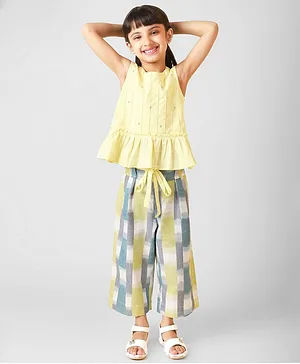 Fabindia Sleeveless Frill Detail Top & All Over Abstract Printed Pants Set  - Yellow