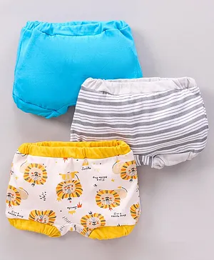 Ohms Cotton Tiger Print & Striped Bloomer Pack Of 3 - Blue Yellow & Grey