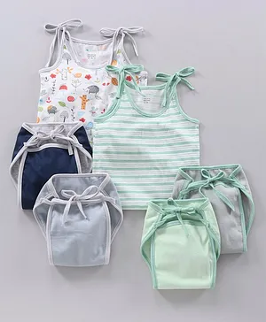 OHMS Cotton Knit Sleeveless Innerwear Sets Multi-Prints Pack of 6 - Green Navy Grey