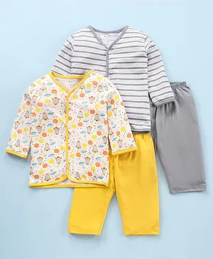 Ohms Cotton Knit Full Sleeves Spaceship & Striped Night Suit Pack Of 2 - Yellow & Grey