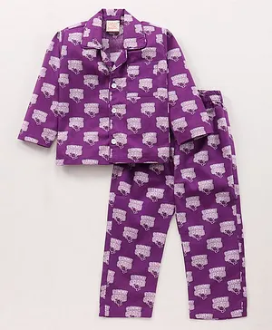 Rikidoos Full Sleeve All Over Gimme Space Text Printed Shirt With Pyjama - Purple