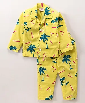 Rikidoos Full Sleeves Palm Tree Print Night Suit - Yellow