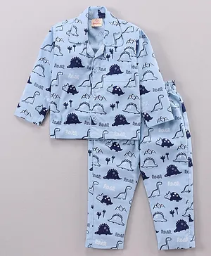 Rikidoos Full Sleeves All Over Roar Text & Dinosaur Printed Shirt With Pyjama - Blue