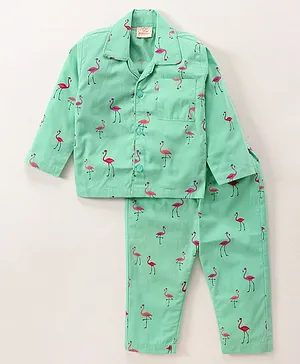 Rikidoos Full Sleeves All Over Flamingo Printed Shirt With Pyjama - Green