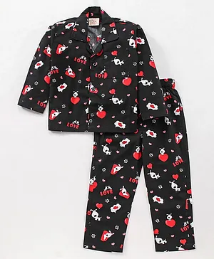 Rikidoos Full Sleeves Heart And Love Quirky Print Night Suit - Black