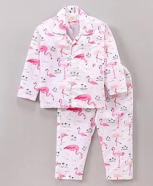 Rikidoos Full Sleeves Flamingo Print Night Suit - White
