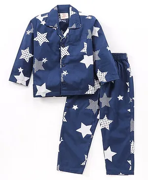 Rikidoos Full Sleeve All Over Star Printed Shirt With Pyjama - Navy Blue