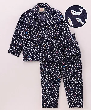 Rikidoos Full Sleeves All Over Fishes Printed Coordinated Night Suit - Navy Blue