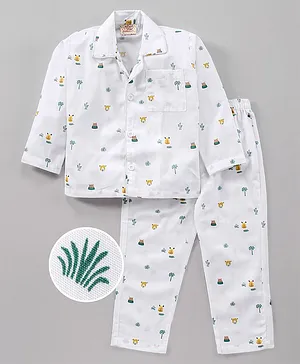 Rikidoos Full Sleeve All Over Animal & Tree Printed Shirt With Pyjama - White