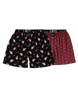 LBEE Pack Of 2 Leaf & Floral Motif Print Shorts - Black & Red