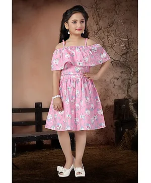 babywish Cold Shoulder Half Cape Sleeves All Over Floral Coordinated Print Crop Top & Skirt Set - Pink
