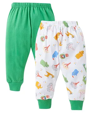 babywish Pack Of 2 Solid And Animal Printed Pyjama Pants - Green