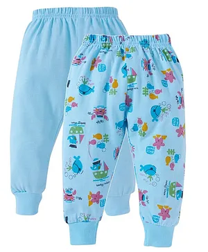 babywish Pack Of 2 Solid And All Over Printed Pyjama Pants - Blue