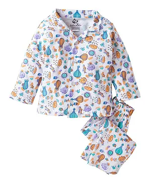 babywish 100% Cotton Full Sleeves Elephant Parachute And Cloud Print Night Suit - Orange