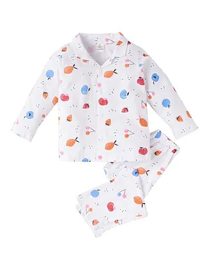 babywish 100% Cotton Full Sleeves Fruits Printed Night Suit  - White