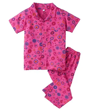babywish Half Sleeves Floral Printed Night Suit - Fuchsia Pink