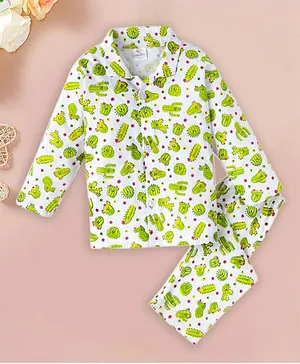 babywish Full Sleeves Cactus All Over Print Night Suit - Green