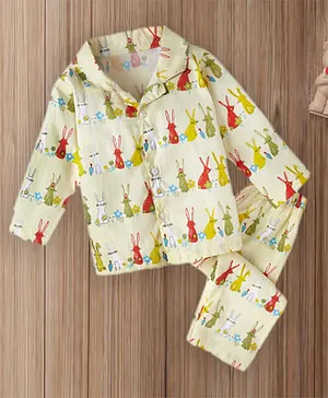 babywish Full Sleeves Rabbit All Over Print Night Suit - Yellow