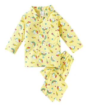babywish Full Sleeves Unicorn & Rainbow All Over Print Night Suit - Yellow