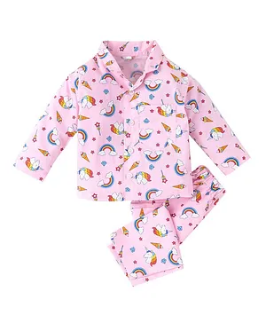 babywish 100% Cotton Full Sleeves Unicorn & Rainbow With Clouds Printed Night Suit - Pink