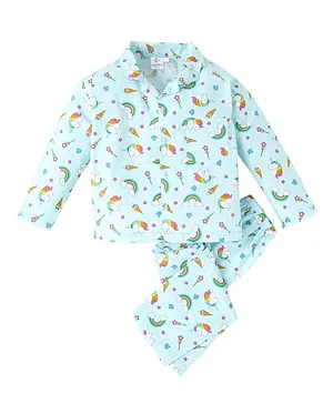 babywish 100% Cotton Full Sleeves Unicorn & Rainbow With Clouds Printed Night Suit - Light Blue