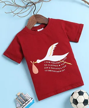 BAATCHEET Half Sleeves Bio Wash Stork & Joyful Text Printed T-Shirt - Cherry Red