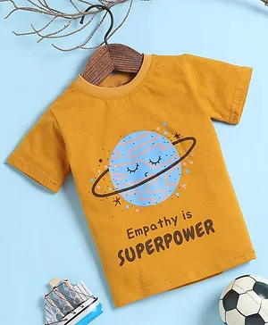 BAATCHEET Half Sleeves Bio Wash Earth & Superpower Text Printed T- Shirt - Mustard  Yellow