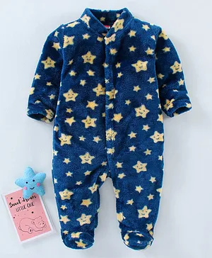 Babyhug Full Sleeves Velour Footed Sleep Suit Stars Print - Navy Blue