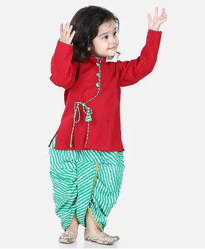 BownBee Full Sleeves Kurta With Front Tie Up And Striped Dhoti - Red