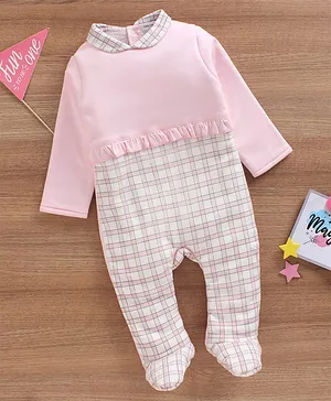 Babyoye Cotton Full Sleeves Winter Wear Checkered Romper - Pink