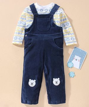 Babyhug 100% Cotton Dungaree and Full Sleeves T-Shirt Set Chevron Print - Dark Blue