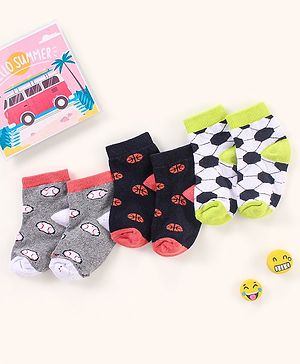 Cutewalk By Babyhug Anti Bacterial Ankle Length Non Terry Socks Football Design Pack of 3- Black & Grey