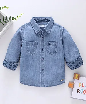Babyoye Full Sleeves Cotton Washed Solid Color Denim Shirt - Blue