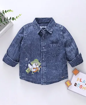 Babyoye Cotton Knit Full Sleeves Washed Denim Bird Embroidery Shirt - Blue