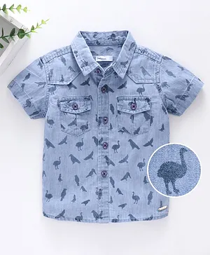 Babyoye Half Sleeves Cotton Washed Denim Shirt Bird Print - Blue