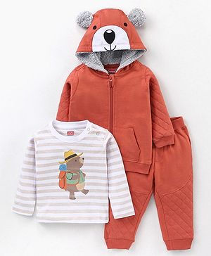 Babyhug Cotton Full Sleeves T-Shirt & Lounge Pants With Hooded Sweatshirt Stripes & Bear Print- White Brown