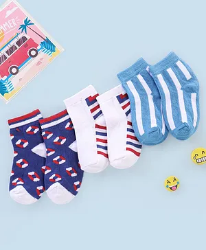 Cutewalk By Babyhug Anti Bacterial Ankle Length Non Terry Socks Striped Pack of 3- Blue