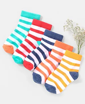 Cutewalk By Babyhug Anti Bacterial Ankle Length Non Terry Socks Striped Design Pack of 5 - Blue & Red