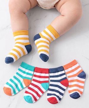 Cutewalk By Babyhug Anti Bacterial Ankle Length Non Terry Socks Striped Design Pack of 5 - Blue & Red