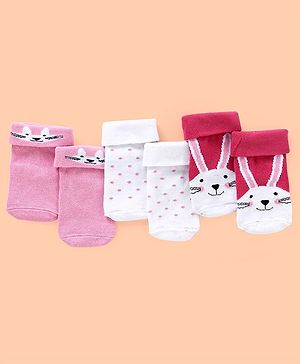 Cutewalk By Babyhug Anti Bacterial Ankle Length Non Terry Socks Bunny Design Pack of 3 - Multicolour