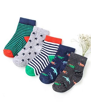Cutewalk By Babyhug Anti Bacterial Ankle Length Non Terry Socks Dino Design Pack of 5 - Multicolour