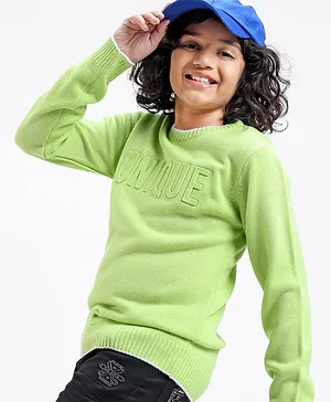 Pine Kids Full Sleeves Moderate Winter Sweater With Emboss Print - Green