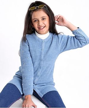 Pine Kids Full Sleeves Moderate Winterwear Sweater With Pearls - Blue