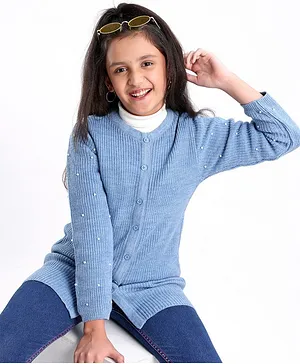Pine Kids Full Sleeves Moderate Winterwear Sweater With Pearls - Blue
