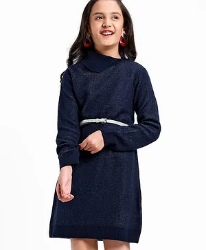 Pine Kids Full Sleeves Mid Thigh Length Woollen Dress Solid Colour - Navy Blue