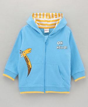Babyhug Full Sleeves Hooded Sweat-Jacket With Giraffe Applique - Blue