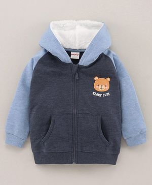 Babyhug Full Sleeves Cotton Knit Hooded Sweat-Jacket with Bear Print - Blue Melange